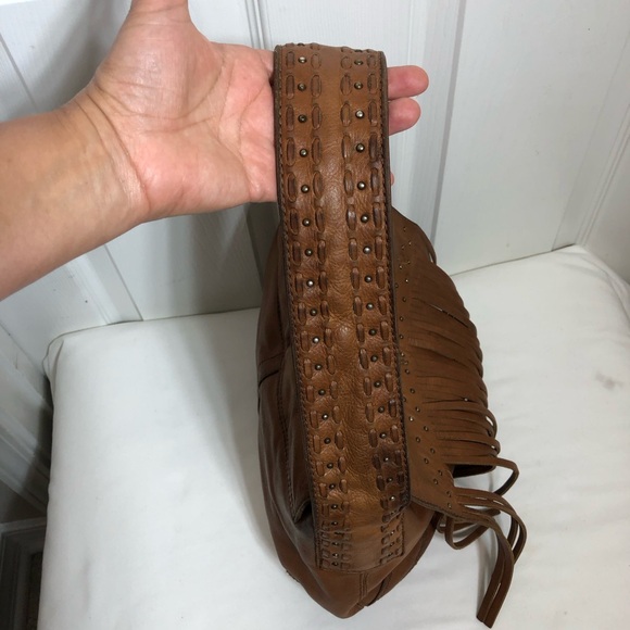 Gianni Bini Brown Leather Vintage Studded Hobo Magnetic Closure Fringe Bag Purse - Picture 6 of 16